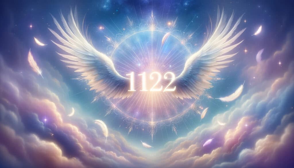 image in 16:9 format titled "The meaning of angel number 1122." It features the serene, mystical background and symbolic elements as requested. I hope this meets your requirements!