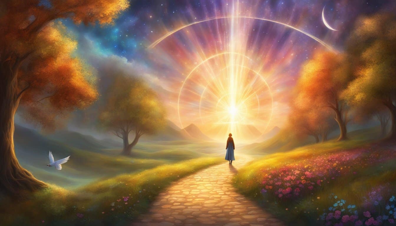 A beam of light shines down on a path leading to a glowing number 1001 surrounded by symbols of career and life purpose