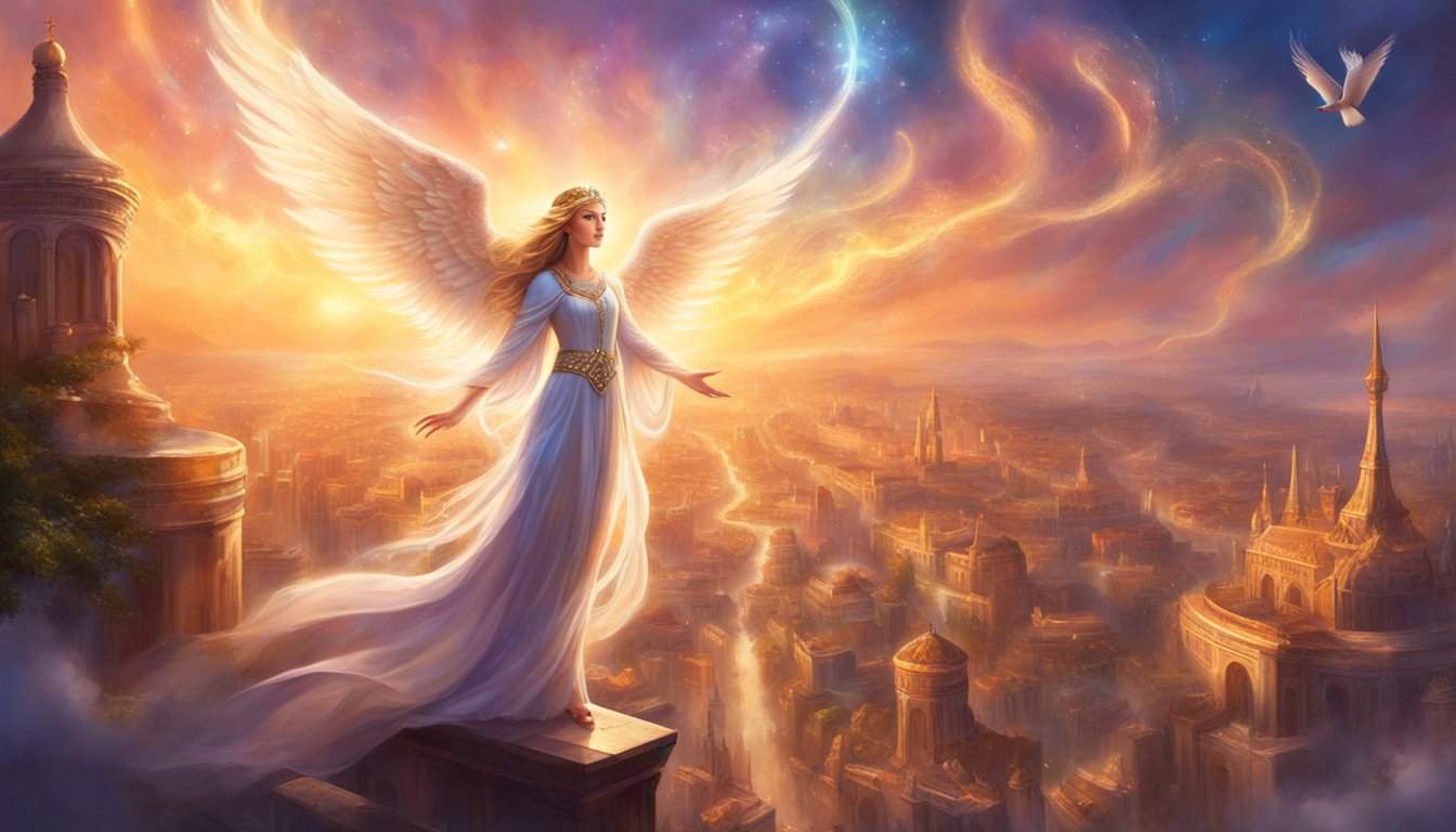 A glowing angelic figure hovers above a city skyline, surrounded by swirling patterns of numbers and symbols, radiating a sense of divine significance