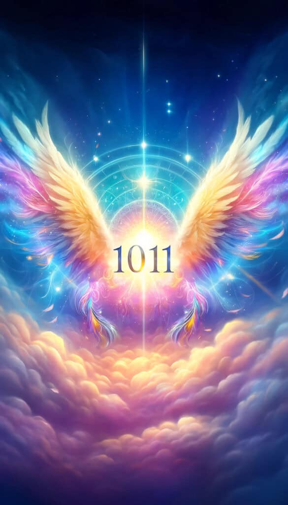 9:16 format, featuring a vibrant and colorful background for your article on the meaning of angel number 1011. It captures the serene, mystical, and divine theme you’re aiming for.