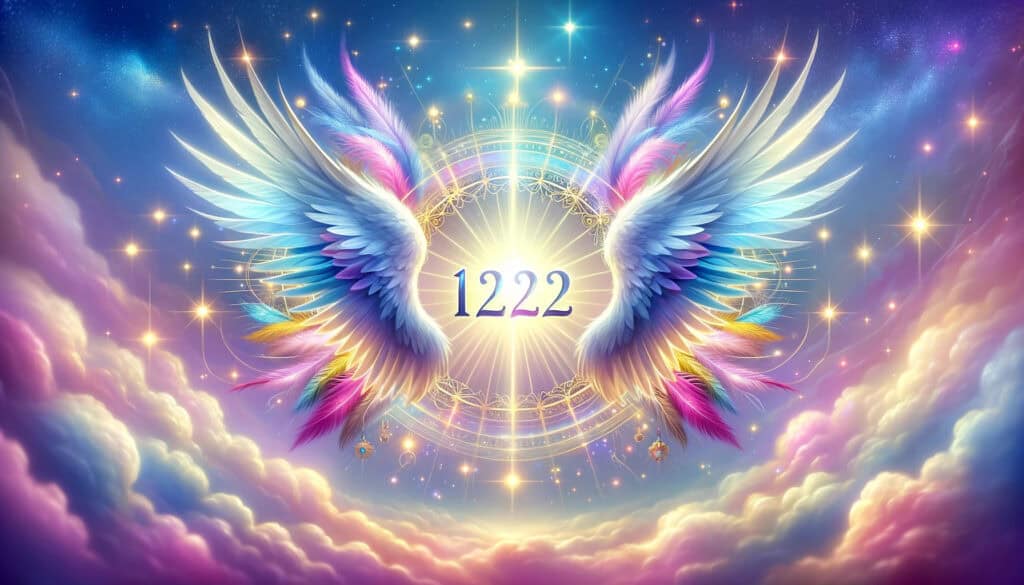 image featuring the glowing number '1222' prominently in the center, with a vibrant and detailed background. The finer details and high-quality elements should now better capture the spiritual and divine theme for your article