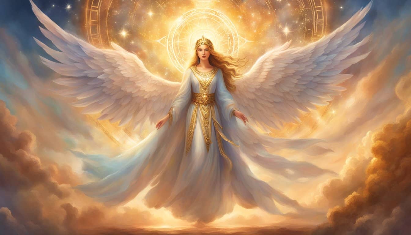 A glowing angelic figure holds a banner with the number 1112 surrounded by celestial symbols, radiating a sense of divine significance and spiritual guidance