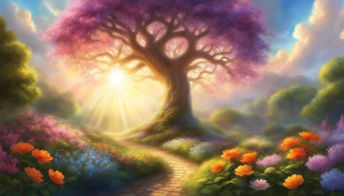 A garden with blooming flowers and a tree reaching towards the sky, with rays of sunlight breaking through the clouds, and the number 1112 subtly hidden within the scenery