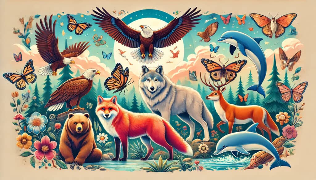 "The 10 Most Popular Spirit Animals," featuring a wolf, eagle, butterfly, bear, fox, owl, hawk, deer, dolphin, and horse in a harmonious, nature-inspired scene. The image is colorful and vibrant, highlighting the unique characteristics and spiritual significance of each animal in an enchanting natural landscape.