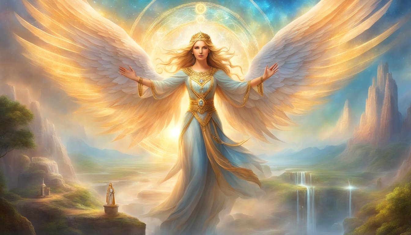 A bright angelic figure hovers above a serene landscape, surrounded by symbols of balance and harmony, with rays of light emanating from the number 1155