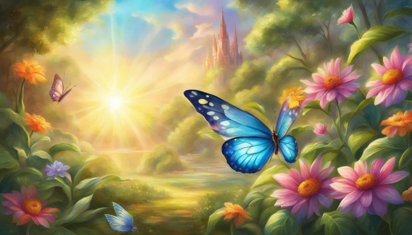 A garden with blooming flowers and a butterfly resting on a leaf, surrounded by rays of sunlight and a sense of serenity