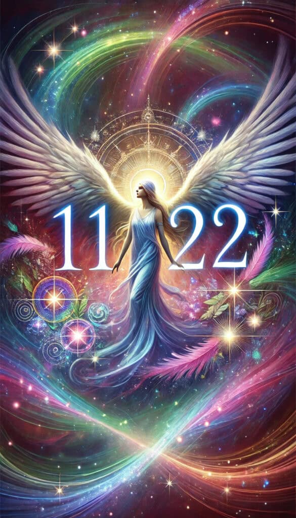 The number 1122 (four digits: 1-1-2-2) with a guardian angel watching over it. The vibrant and colorful background with mystical elements enhances the spiritual and cosmic significance of the number.