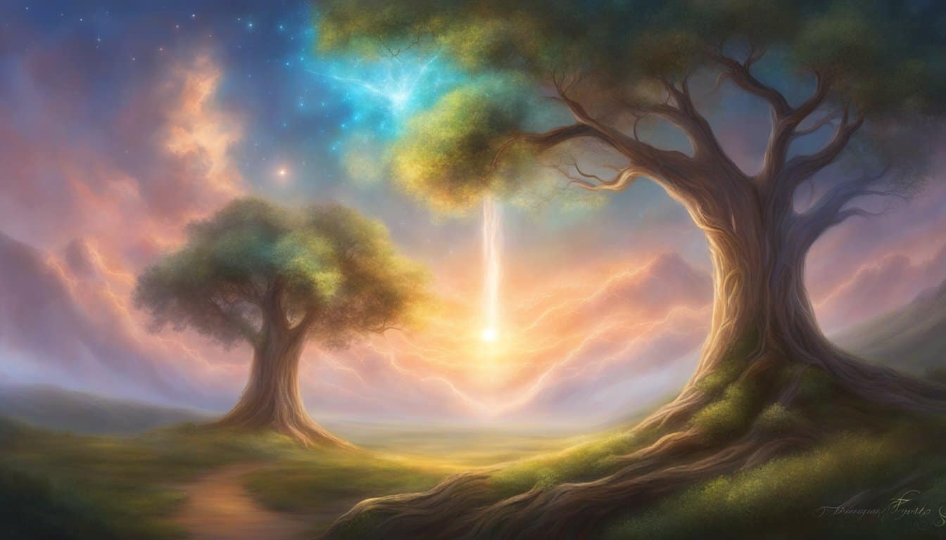 A serene landscape with two prominent trees, each bearing four branches. A glowing light surrounds the number 1155 in the sky