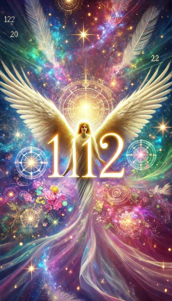 the number 1112, with the digits 12 appearing in a prominent and unobstructed way. The vibrant and colorful background, along with ethereal elements like angel wings and sparkles, enhances the spiritual and cosmic significance of the number.