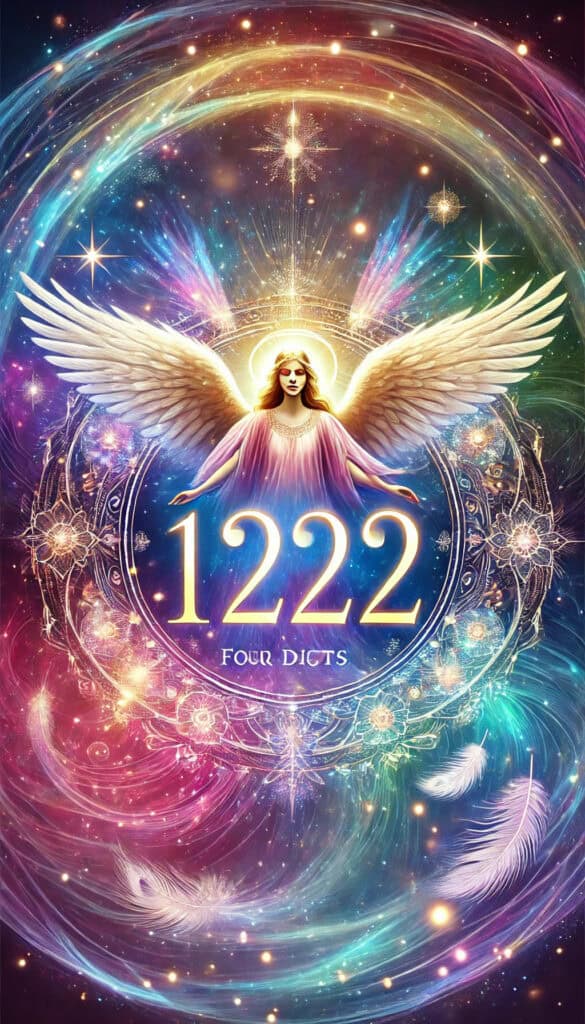 the number 1222, with the digits 12 appearing in a prominent and unobstructed way. The vibrant and colorful background, along with ethereal elements like angel wings and sparkles, enhances the spiritual and cosmic significance of the number.