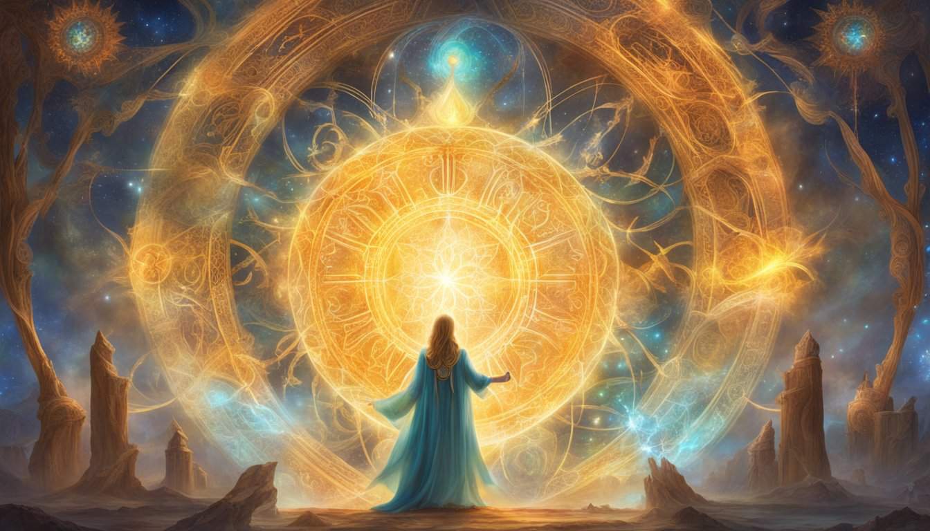 A glowing, celestial figure holds a sequence of numbers, 1144, surrounded by ethereal symbols and light