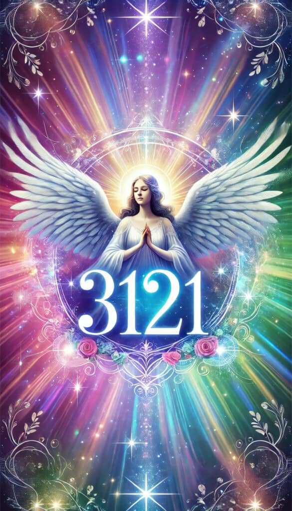 the number 3121 prominently displayed at the center, accompanied by a guardian angel. The vibrant background and ethereal elements enhance the spiritual significance of the number 3121.