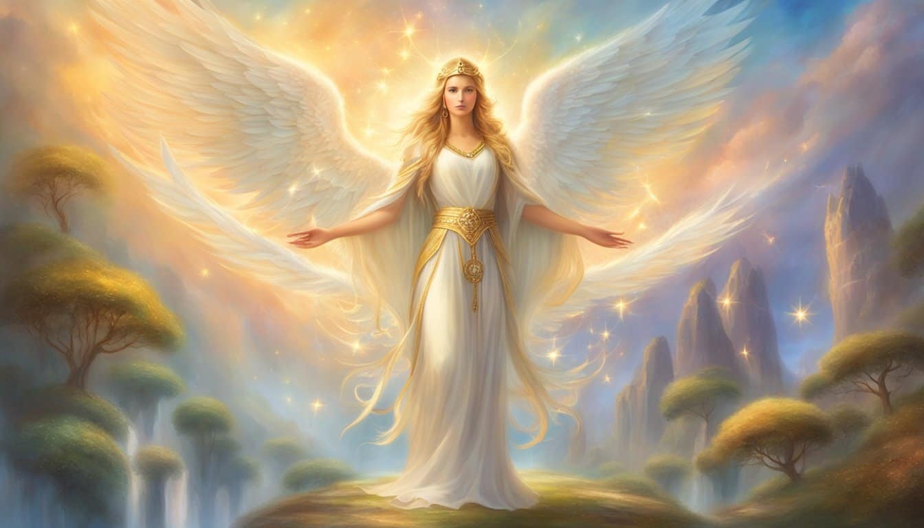 A glowing angelic figure stands surrounded by four repeating numbers: 1144. The figure emanates a sense of wisdom and guidance, with a serene and peaceful expression