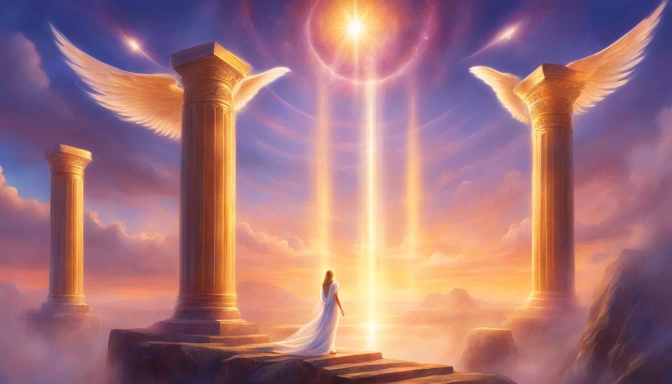 A radiant angelic figure hovers over a serene landscape, surrounded by four pillars, each marked with the numbers 1 and 4. The figure emanates a sense of divine guidance and protection