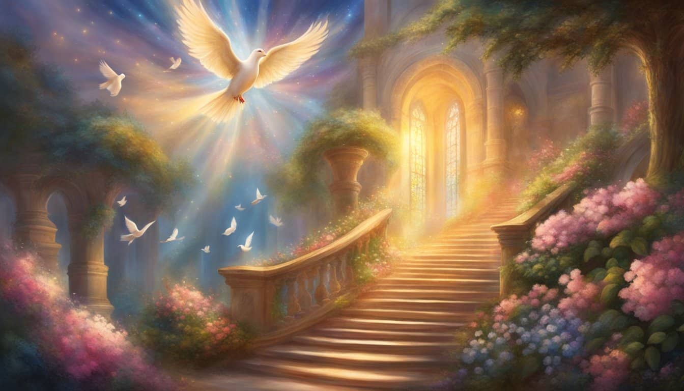 A glowing figure ascends a staircase, surrounded by blooming flowers and rays of light, while three doves fly overhead