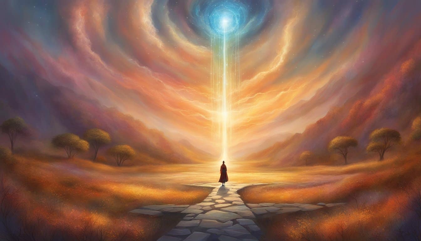 A figure stands at a crossroads, with one path leading to chaos and the other to clarity. The number 1055 hovers above, radiating a sense of guidance and influence on personal choices