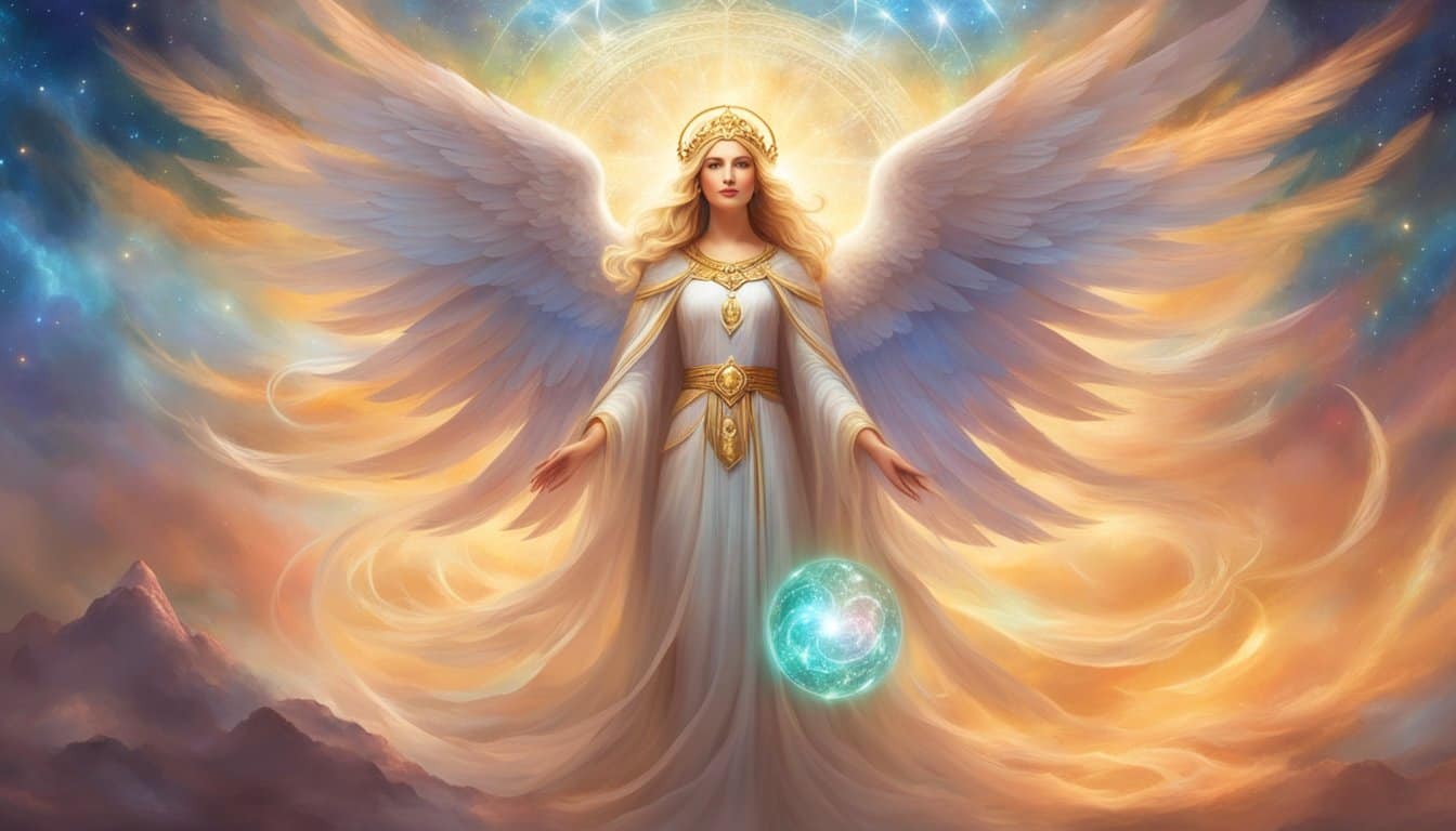 A glowing angelic figure stands before a cosmic background, surrounded by symbols of divine energy and spiritual enlightenment