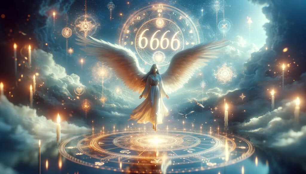 Angel Number 6666 and how it signifies life balance and personal growth. The image prominently features the number "6666" along with a guardian angel in an ethereal and inspiring scene that conveys balance, harmony, and spiritual guidance.