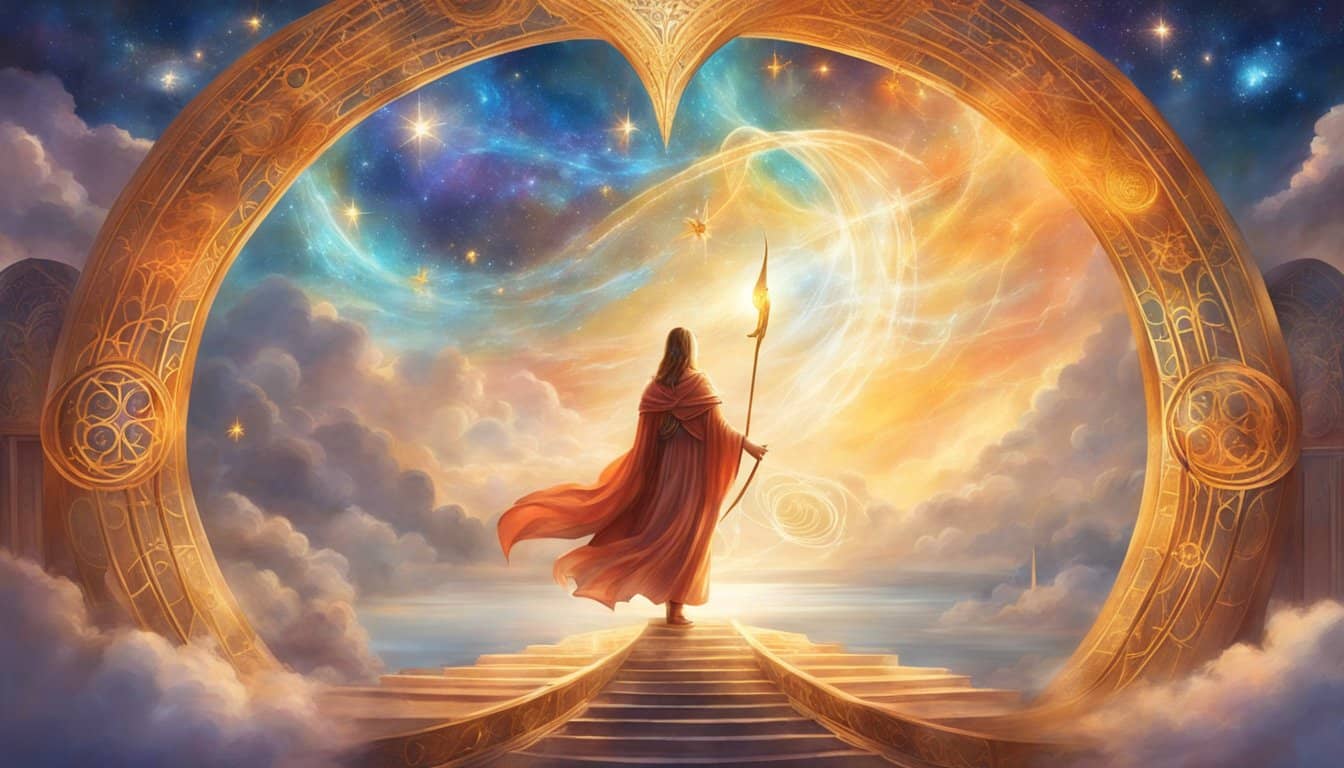 A bright, celestial figure hovers above a serene landscape, surrounded by symbols of guidance and purpose