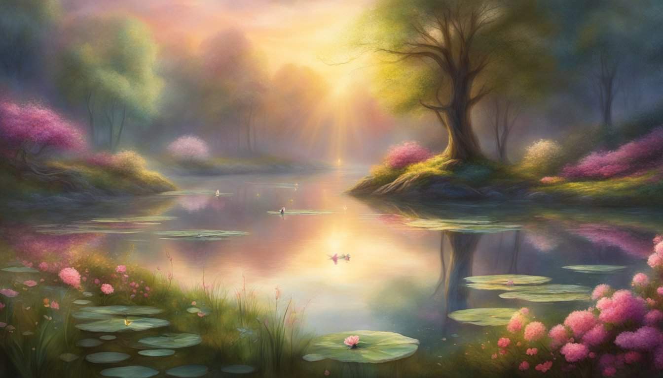 A serene garden with blooming flowers and a peaceful pond, surrounded by tall trees and bathed in soft sunlight