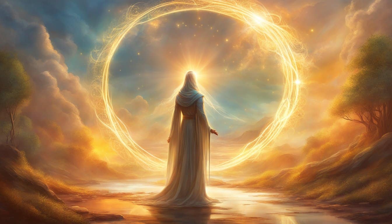 A figure stands at a crossroads, facing multiple paths. The sun shines above, casting a hopeful glow. The figure appears determined, ready to navigate life changes and challenges