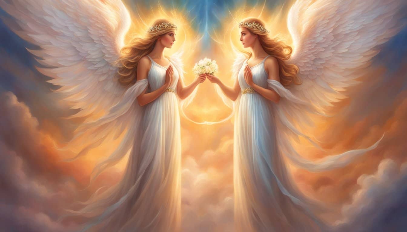 A pair of guardian angels, one with the number 11 and the other with the number 22, stand side by side, radiating a sense of divine protection and guidance