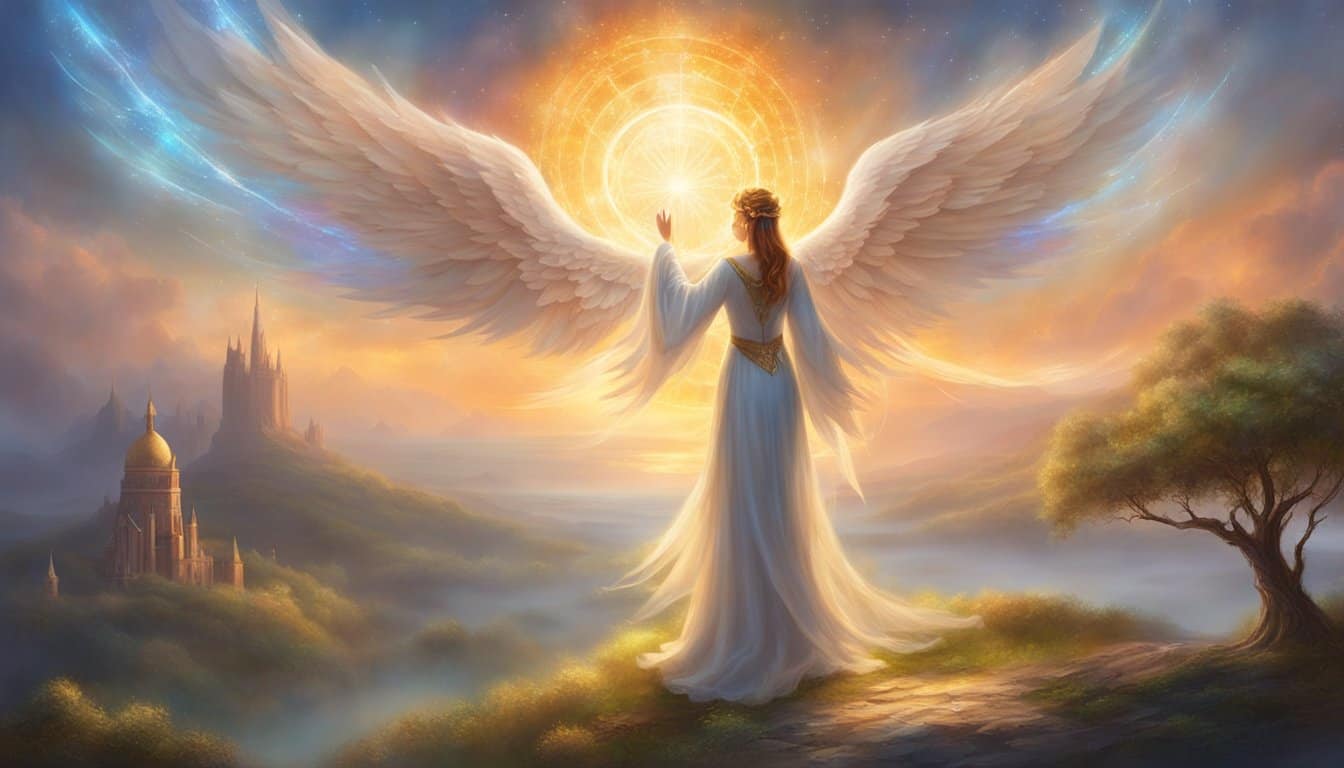 A glowing angelic figure hovers over a peaceful landscape, surrounded by the numbers 1122 shining brightly in the sky