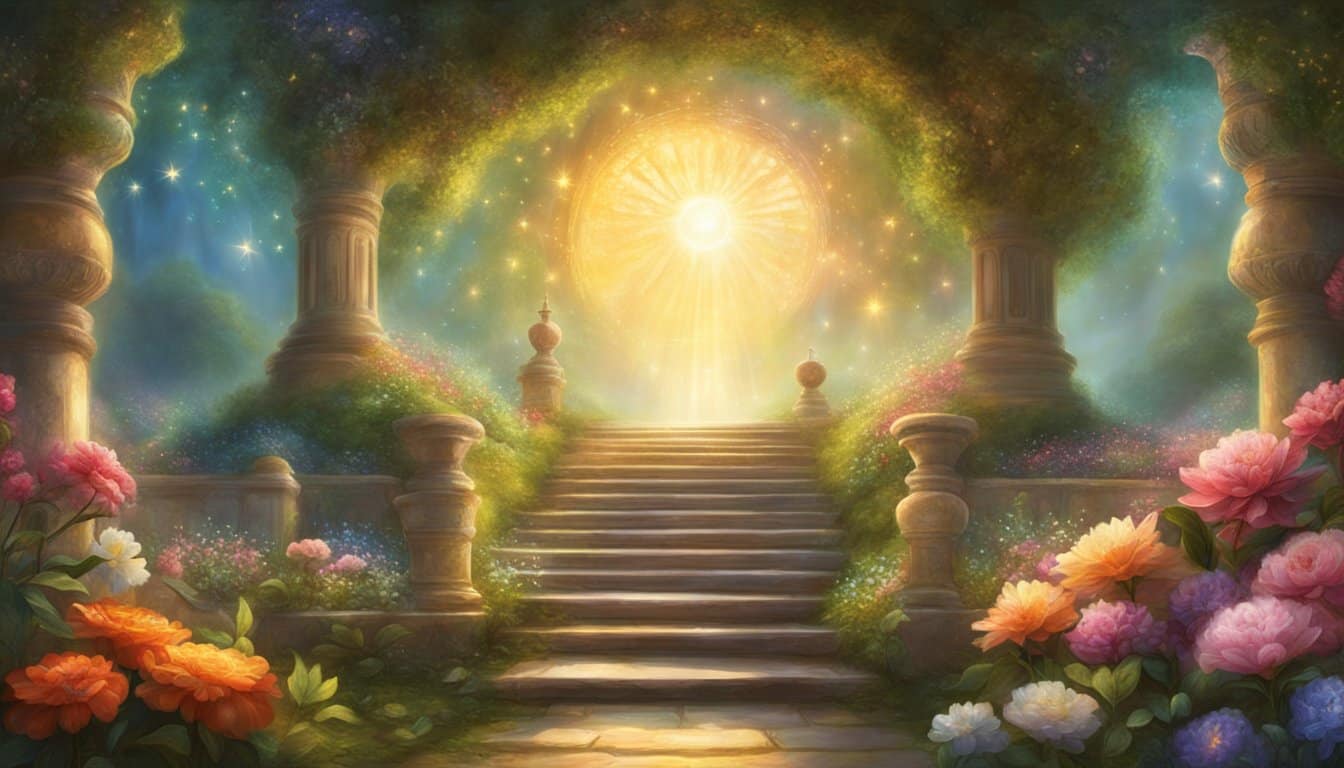 A serene garden with blooming flowers and a glowing, ascending staircase leading towards a radiant, celestial figure