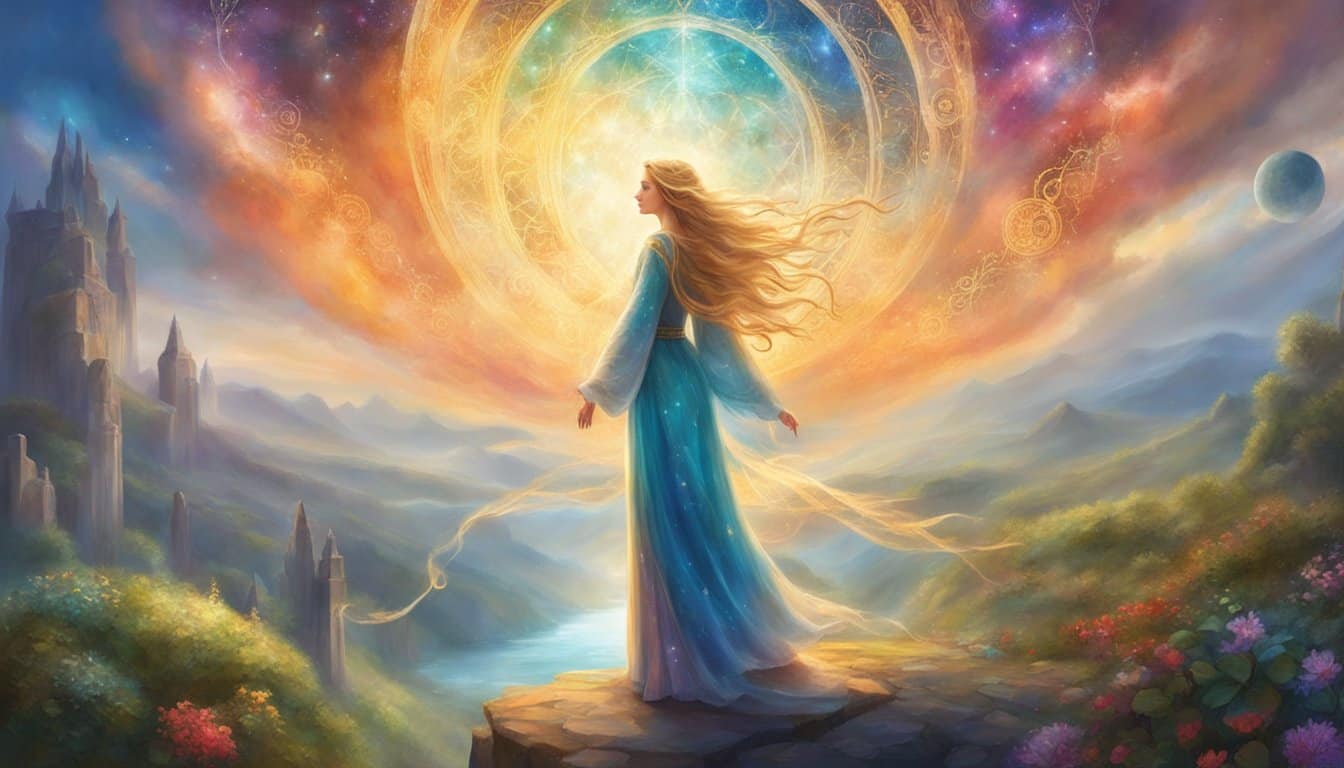 A bright, celestial figure hovers above a tranquil landscape, surrounded by symbols of growth and transformation