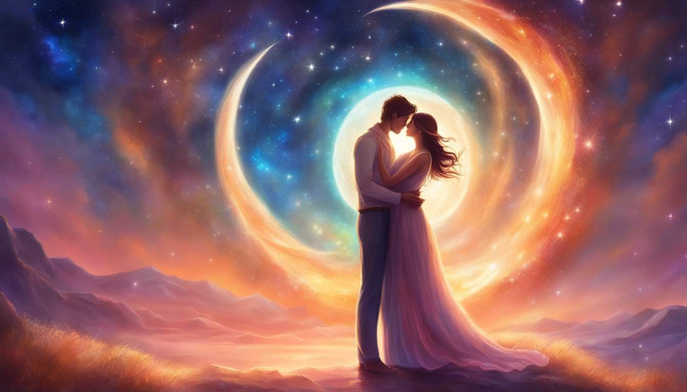 A couple embraces under a starry sky, surrounded by the glow of a celestial aura, with the numbers "1011" subtly woven into the background