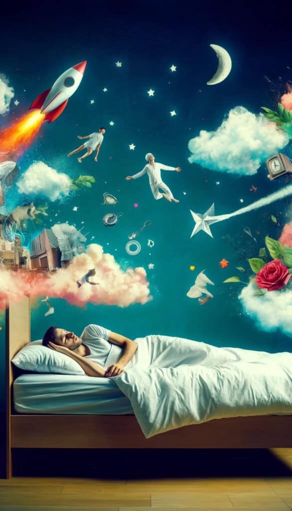 A man sleeping in a bed having various dreams showung in a thought bubble