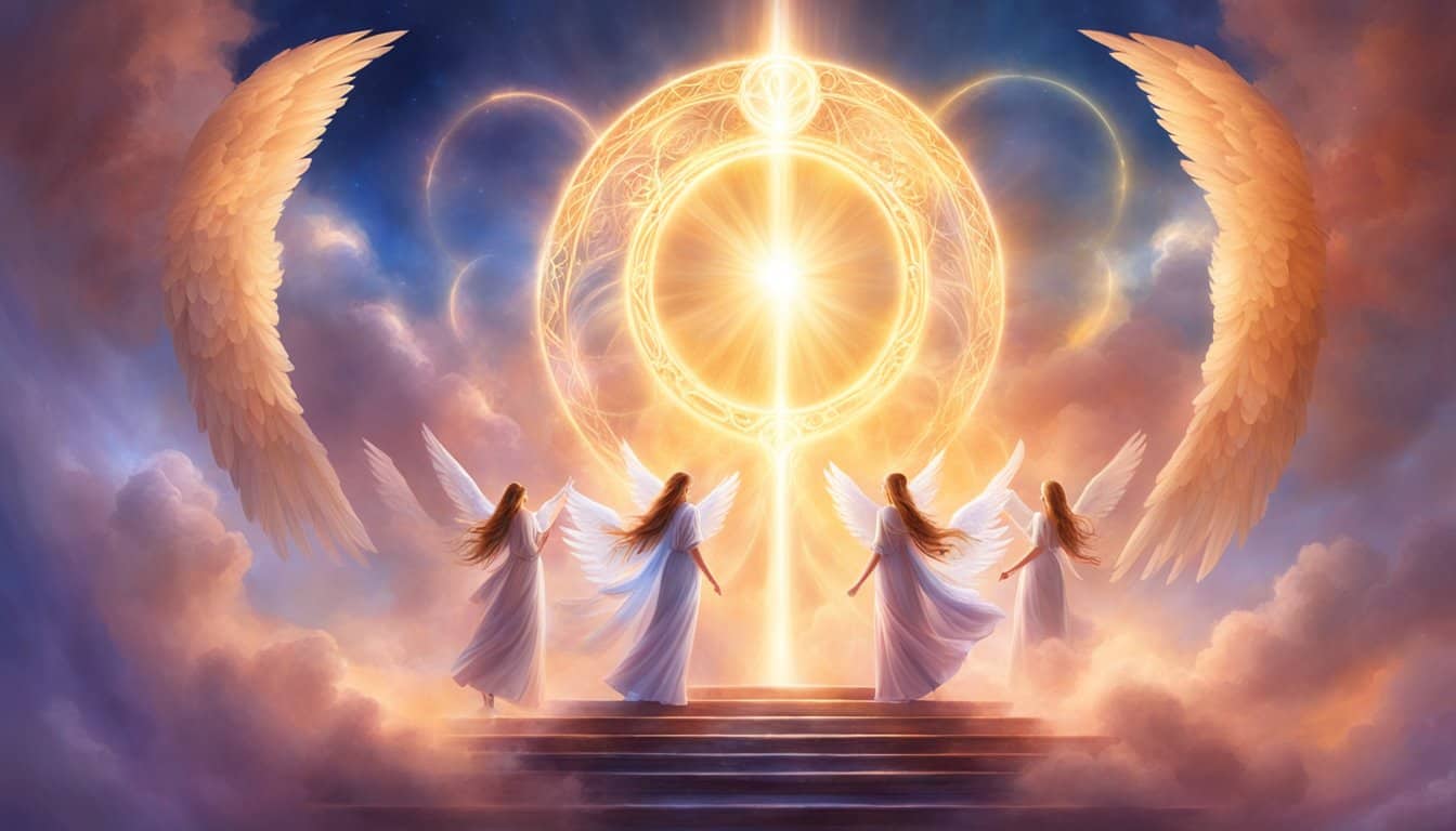 Four angels surround a glowing number 1222, representing balance, harmony, and spiritual alignment. Rays of light emanate from the number, illuminating the surrounding space