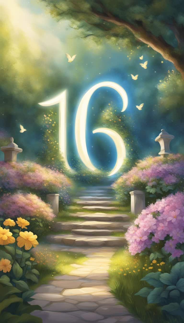 A serene garden with 10 glowing angelic numbers floating above blooming flowers, guiding a path towards spiritual enlightenment