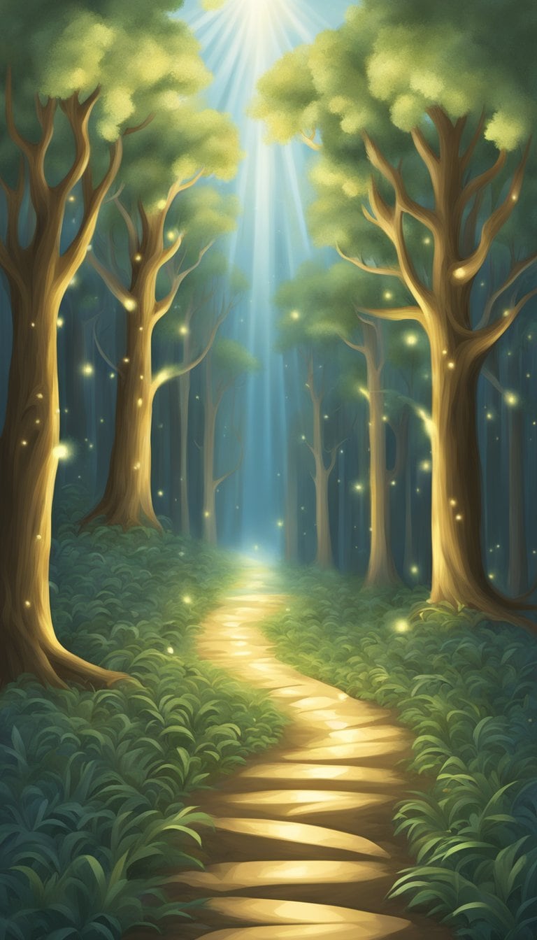 A glowing path of angel numbers leads to a crossroads, with options branching off in different directions. The numbers shimmer with a sense of guidance and clarity, illuminating the way forward