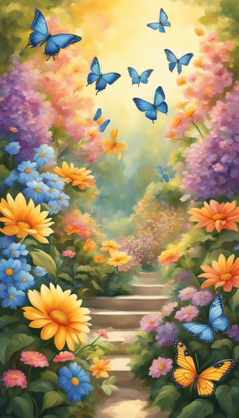 A serene garden with 10 vibrant flowers, each bearing a different angel number. The sun shines down, casting a warm glow over the scene, while butterflies flutter around the flowers, symbolizing transformation and growth