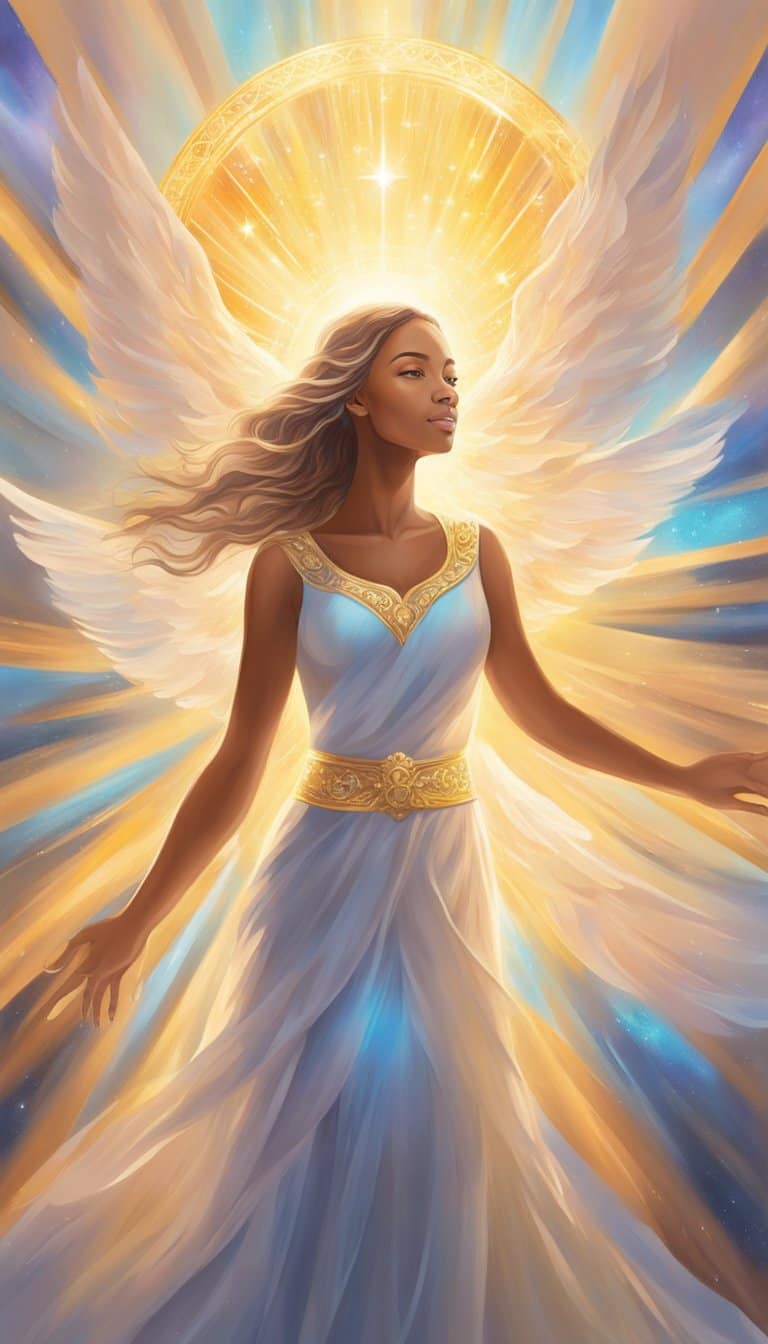 A bright, glowing figure surrounded by angelic numbers, radiating confidence and empowerment. Rays of light shining down, illuminating the scene with a sense of transformation and positivity