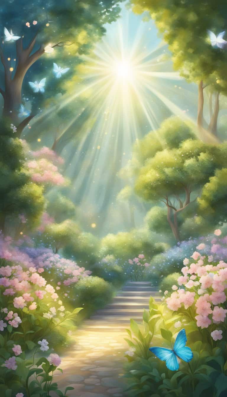 A serene garden with blooming flowers, a gentle breeze, and rays of sunlight streaming through the trees, surrounded by angelic symbols and numbers