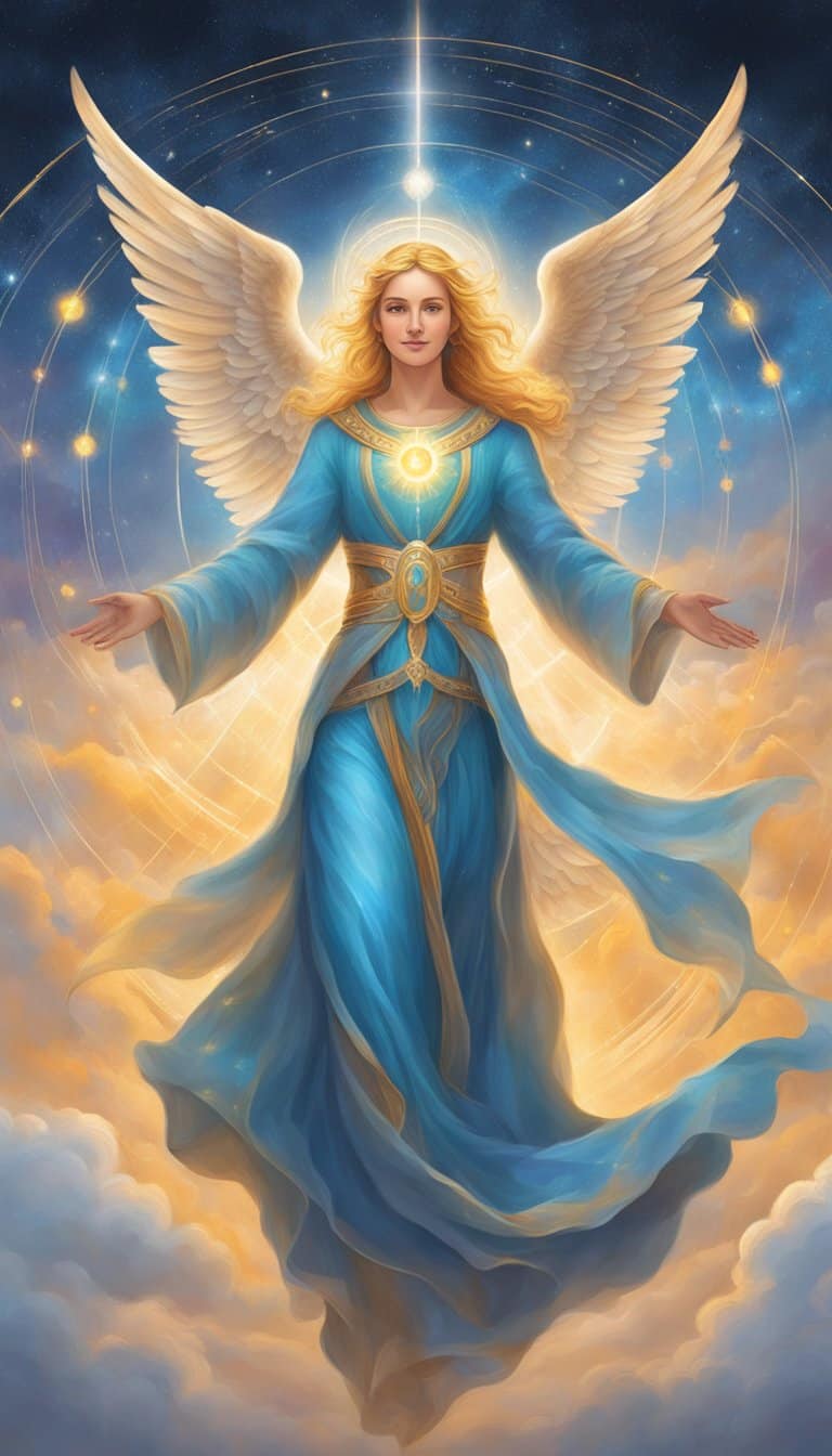 A bright, celestial figure hovers above two intertwining paths, each marked with angelic numbers. Radiant energy flows between them, symbolizing the transformative power of angel numbers in strengthening relationships