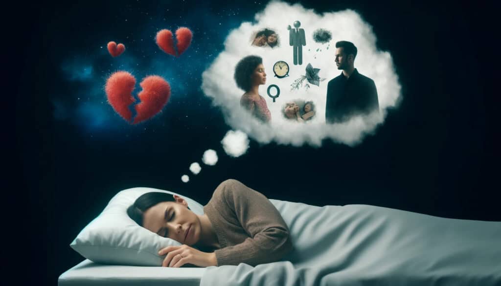 photo of a woman sleeping in bed while dreaming about infidelity. The image depicts the woman in bed with thought bubbles or dream-like images around her, showing symbols of infidelity such as a partner with someone else, a broken heart, or distressing emotions. The background has a surreal and slightly dark atmosphere to convey the troubling nature of the dream.