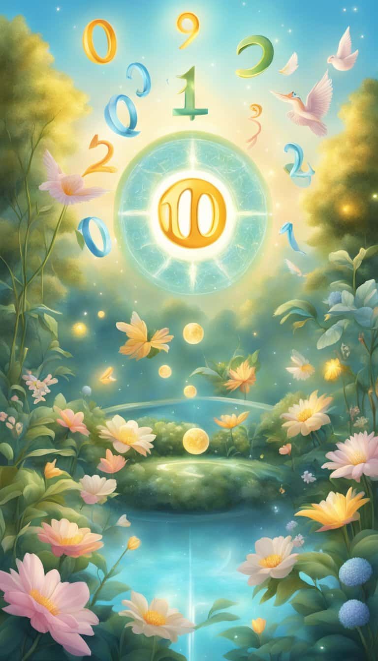 A tranquil garden with 10 different angelic symbols floating in the air, surrounded by a soft glow emanating from each number