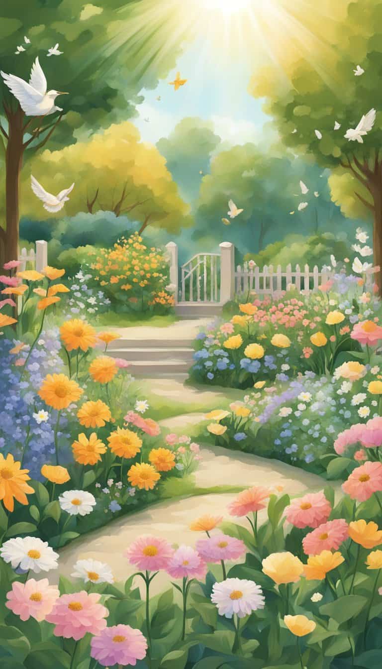 A serene garden with 10 different types of flowers, each labeled with a corresponding angel number. The sun is shining, and a gentle breeze rustles the leaves, creating a peaceful and uplifting atmosphere