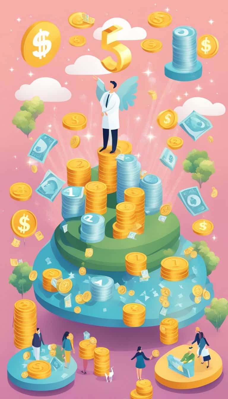 Bright, glowing angel numbers float above a person surrounded by symbols of financial success: a stack of money, a growing business, a happy family, and a peaceful home