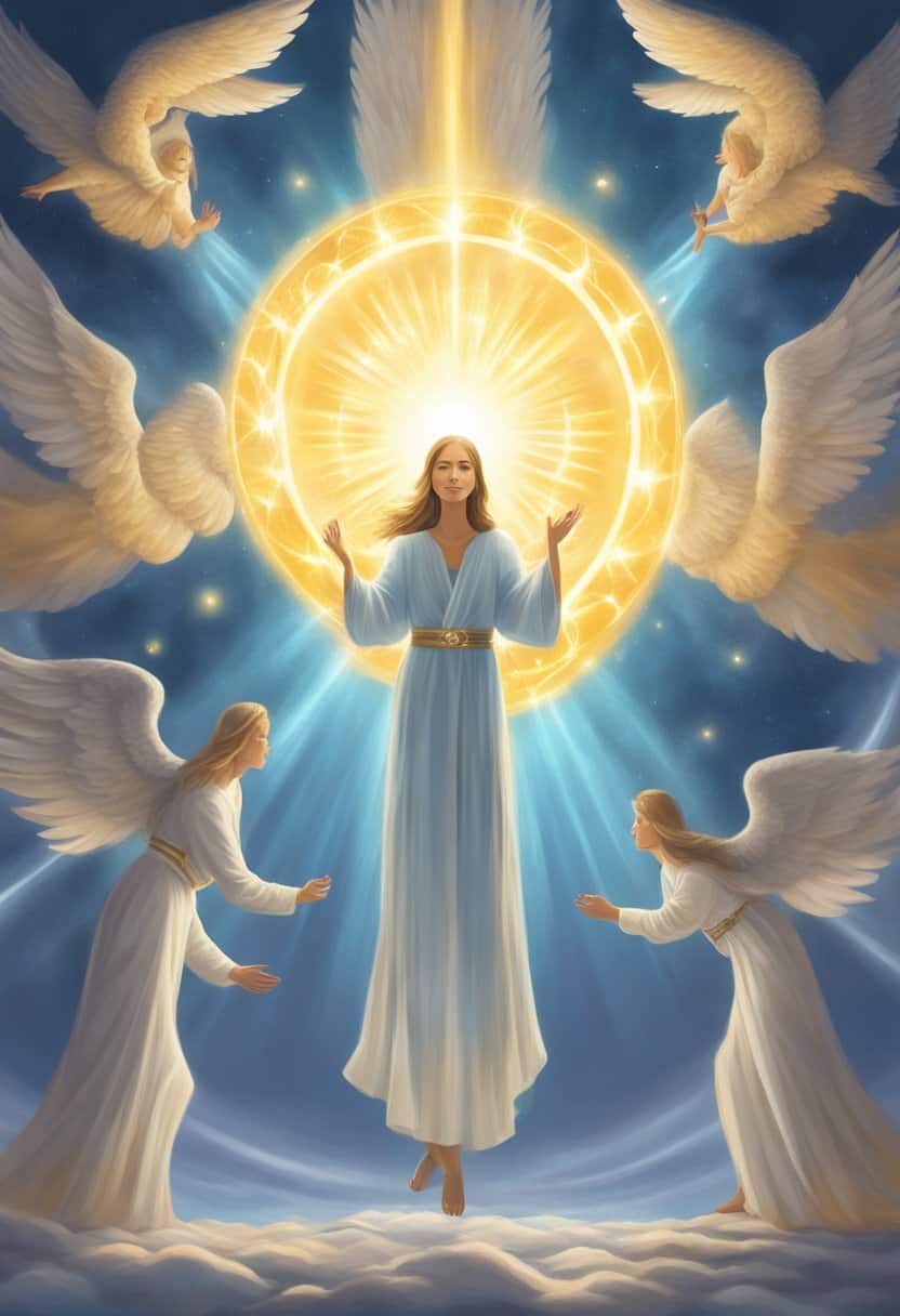 Three glowing angel numbers float above a person's head, emanating powerful energy and light. Each number represents a different aspect of life, radiating a sense of guidance and influence