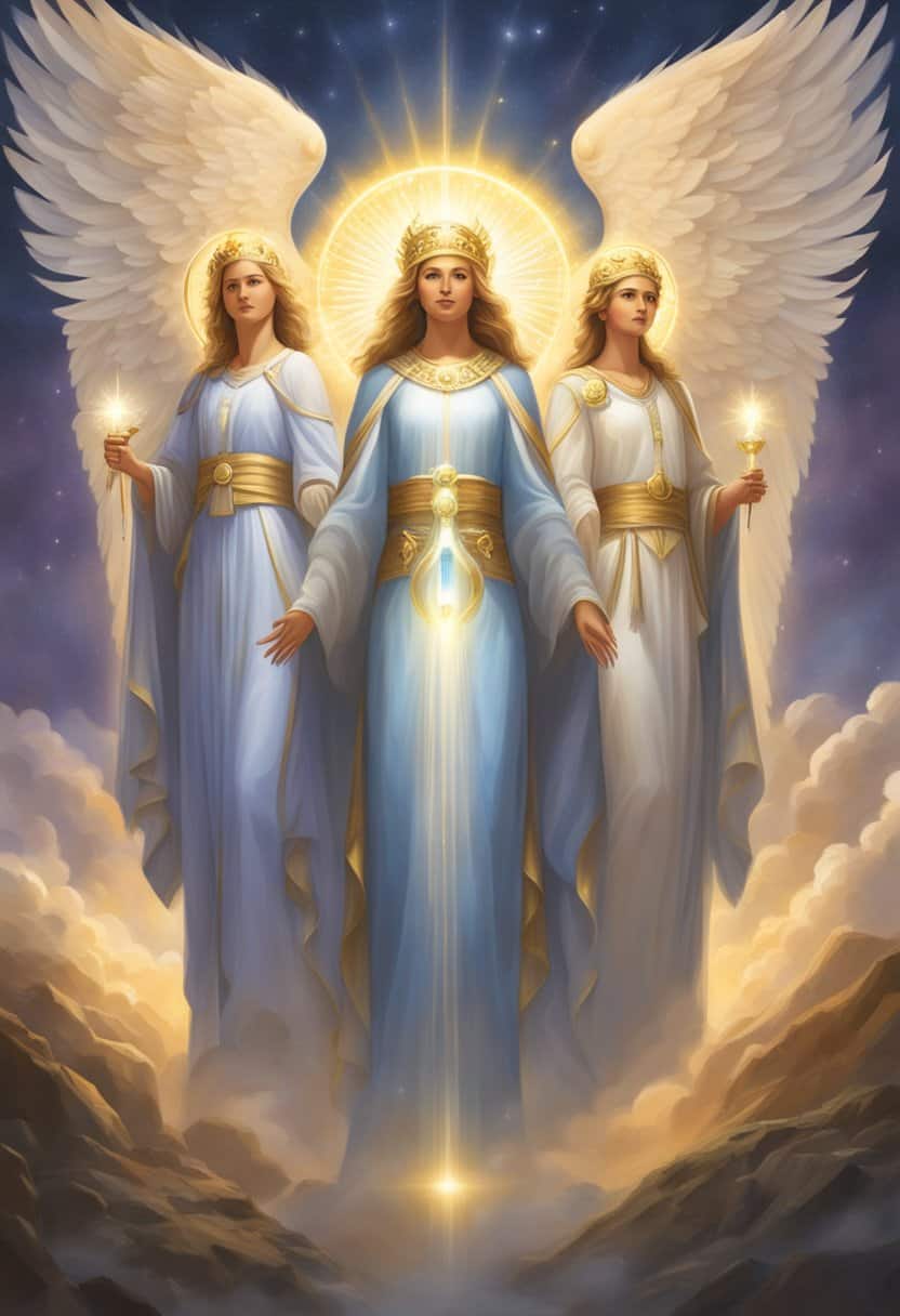 Three angelic figures stand tall, radiating light and wisdom. Each holds a symbol representing their unique numerological significance