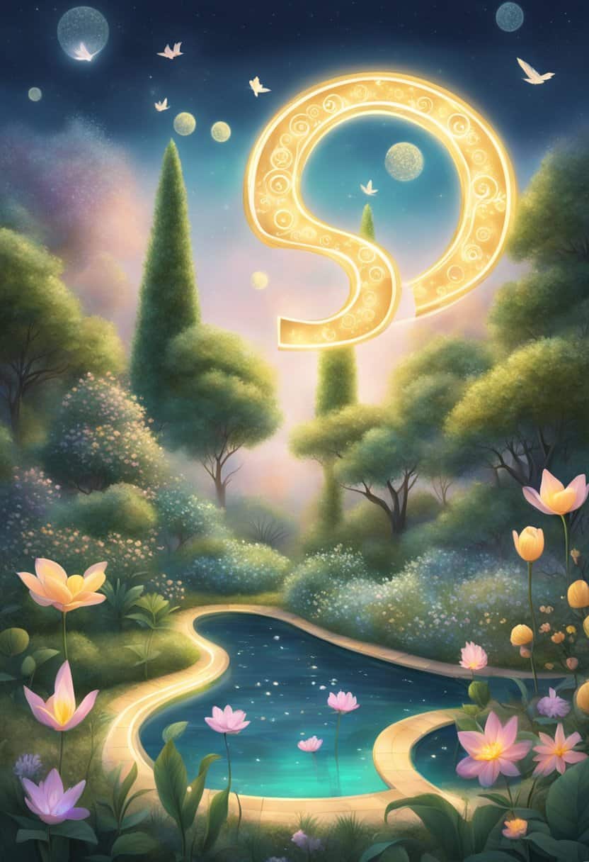 A serene garden with three prominent numbers (11, 22, 33) floating in the air. Each number emits a soft glow and is surrounded by intricate angelic symbols