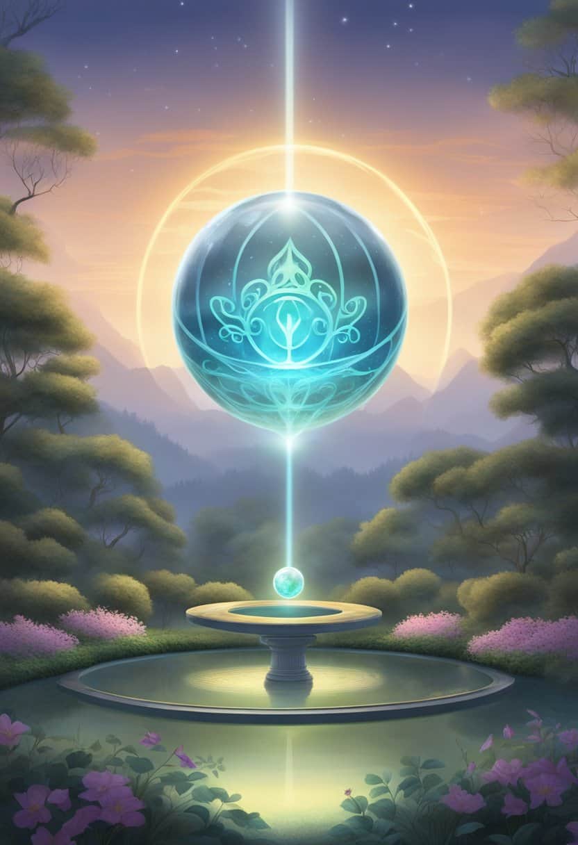 A glowing orb hovers above a tranquil garden, surrounded by three ancient symbols. The air crackles with energy as the numbers 11, 22, and 33 appear in the mist, each radiating a unique aura