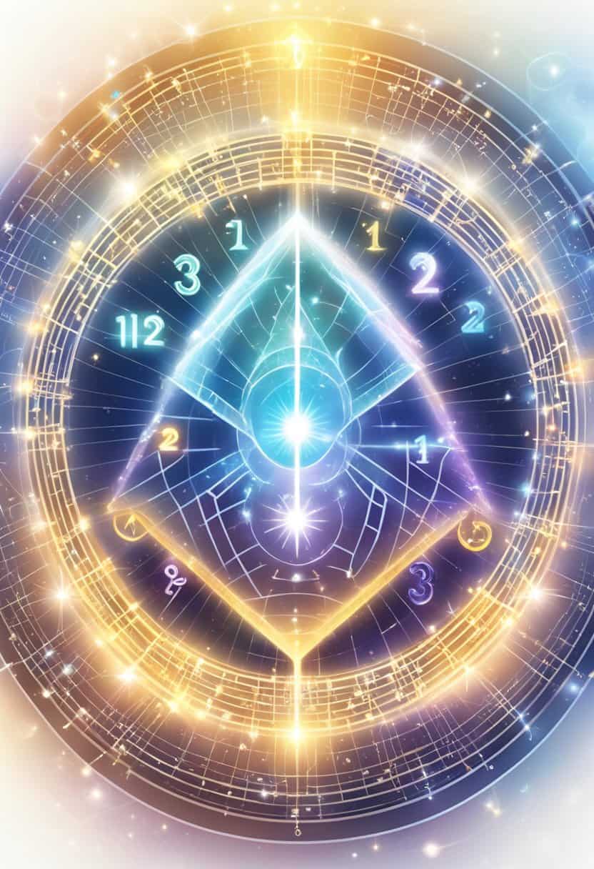 Master numbers (11, 22, 33) radiate energy, surrounded by numerology symbols. Light beams connect them, forming a powerful, harmonious composition