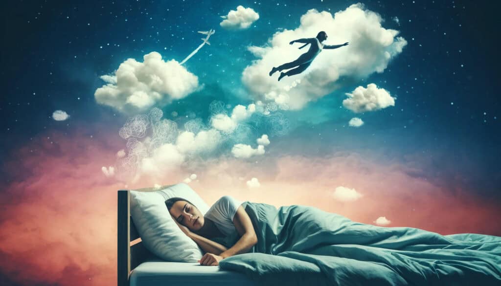 photo of a person sleeping in bed while dreaming about being able to fly. The scene depicts the person peacefully sleeping with dream-like images around them, showing them flying through the sky, soaring above clouds, or gliding freely. The background has a surreal, dreamy atmosphere with soft, ethereal colors to convey the lightness and freedom of flying in dreams.