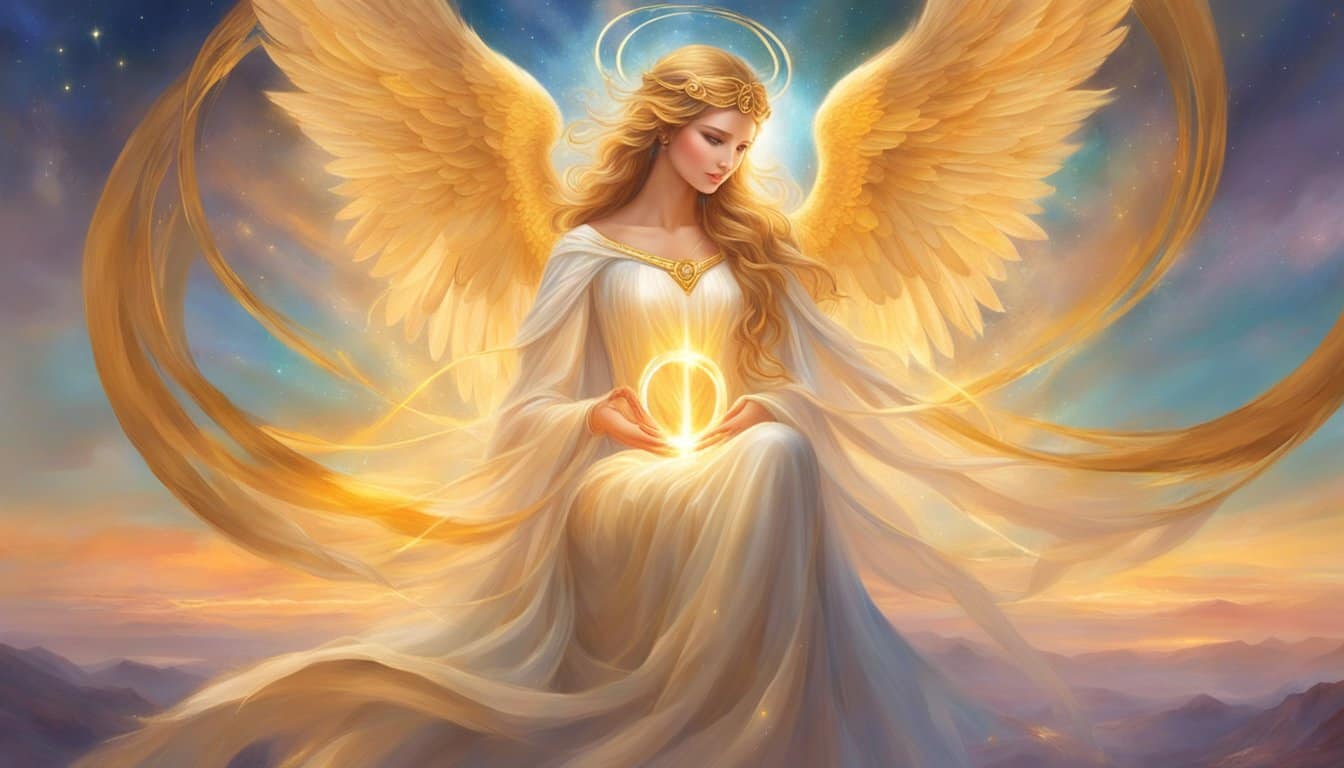 A glowing angelic figure stands between two intertwined golden rings, surrounded by a soft aura of love and harmony