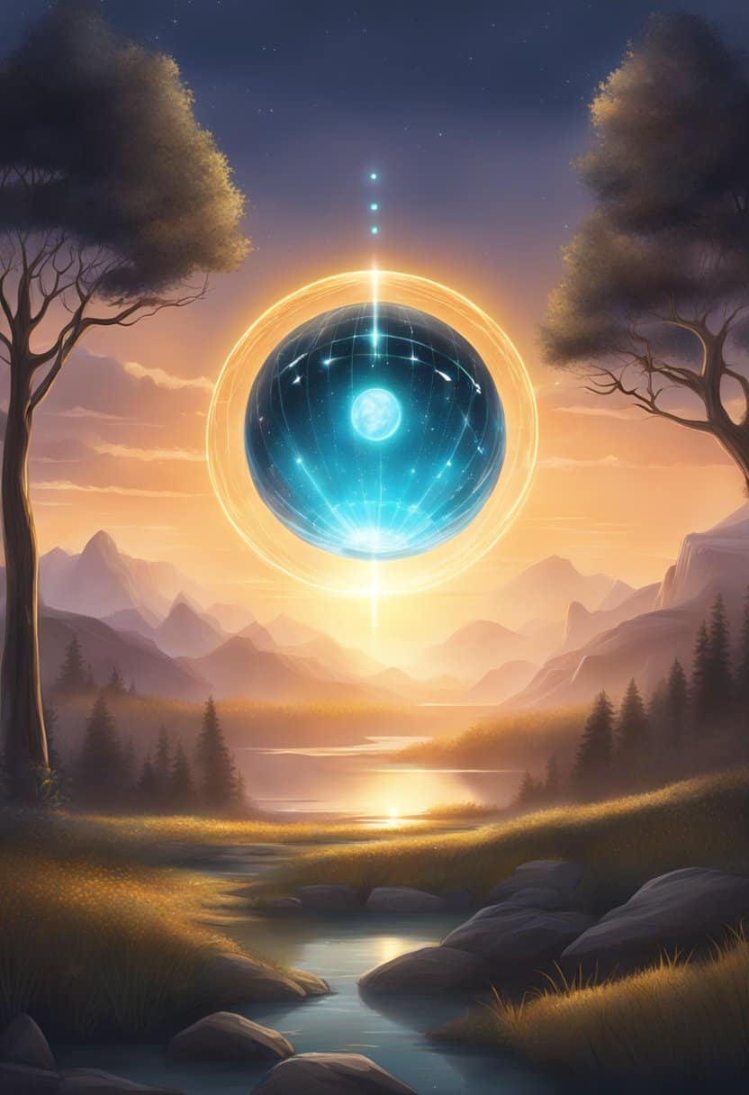 A glowing celestial orb hovers above a serene landscape, with the numbers 11, 22, and 33 emanating from it in radiant light